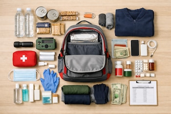 Vista cenital de una mochila de emergencia abierta con botellas de agua, alimentos, linterna, radio, botiquín, mascarillas, guantes, ropa, dinero y teléfono.