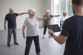Grupo de adultos mayores haciendo ejercicios de brazos en un gimnasio luminoso. Llevan ropa deportiva y relojes inteligentes. Un entrenador los supervisa con una tablet.