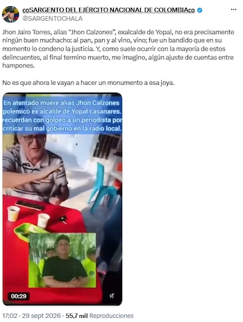 Alexander Chala reaccionó al asesinato de Jhon Jairo Torres con críticas a su trayectoria - crédito @SARGENTOCHALA/X