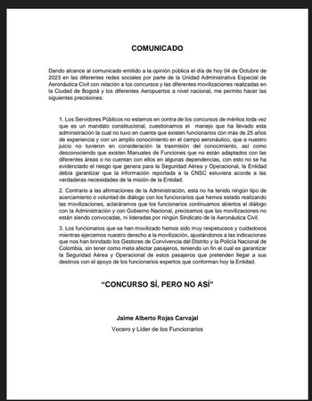 Comunicado trabajadores Aerocivil-Colombia