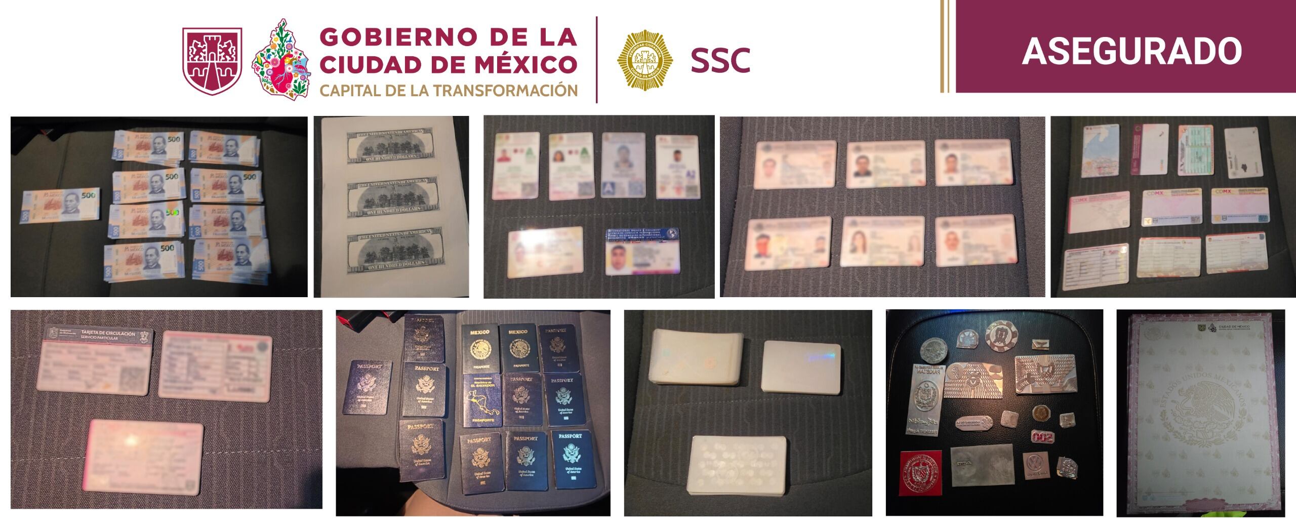 Policías de la SSC le hallaron además 16 sellos de golpe y hojas con imágenes de billetes de USD 100 tras ser señalada por la encargada de un local comercial. Créditto; SSC