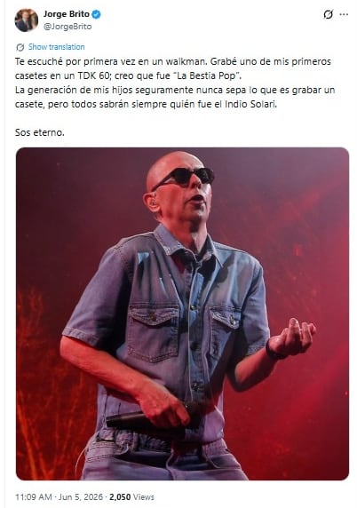 El carismático Indio Solari, figura emblemática del rock argentino y exvocalista de Patricio Rey y sus Redonditos de Ricota, despedido por Jorge Brito (@JorgeBrito)