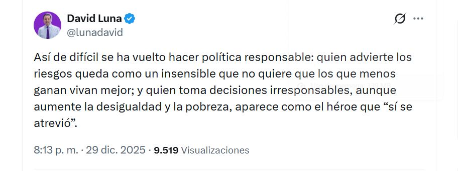 David Luna señaló que la otra cara del aumento del salario está en los riesgos para la economía en Colombia - crédito @lunadavid/X