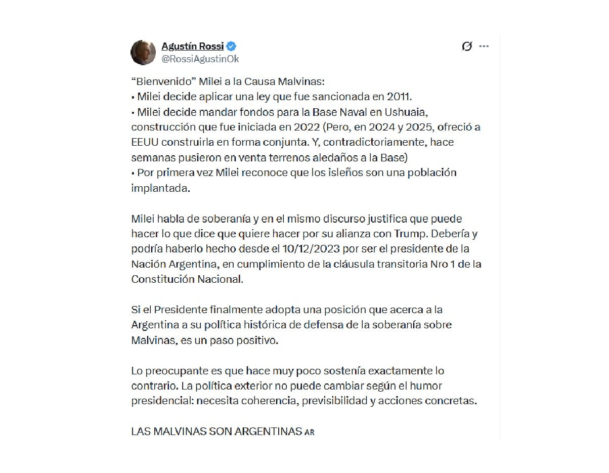 El exfuncionario argentino Agustín Rossi analizó el discurso de Javier Milei