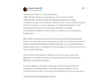 Captura de pantalla de una publicación en redes sociales de Agustín Rossi con texto referido a Javier Milei y las islas Malvinas