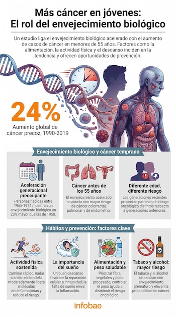 Infografía sobre salud con ilustraciones de ADN, un reloj, órganos del cuerpo humano e iconos sobre hábitos cotidianos.