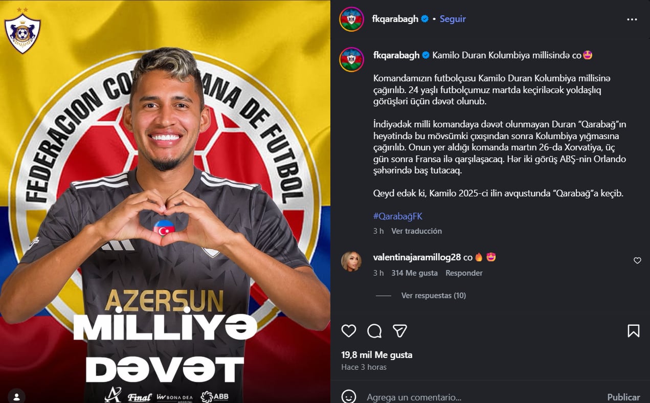 El cuadro azerí dio a conocer la novedad de que el delantero Camilo Durán estará presente en la fecha FIFA ante Croacia y Francia-crédito @fkqarabagh/Instagram