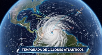 Mapa global con un gran ciclón tropical en el Océano Atlántico. Se ven trayectorias meteorológicas, un satélite y el banner "TEMPORADA DE CICLONES ATLÁNTICOS".