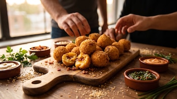 Bolas de papa fritas sobre una tabla de madera junto a cazuelas con aderezos y manos que se acercan en el fondo.