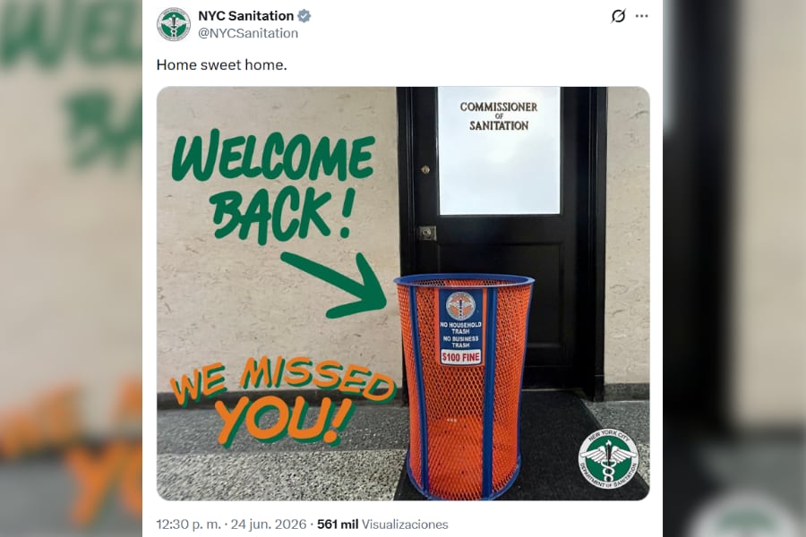 Una publicación del Departamento de Saneamiento de Nueva York muestra el cesto de basura temático de los Knicks, devuelto tras ser retirado por Angie Baez (X: @NYCSanitation).