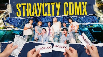 Imagen digital con los ocho miembros de Stray Kids, el Estadio GNP de fondo, tiras de papel azul y texto amarillo "STRAYCITY CDMX", y manos con boletos y logos de PROFECO.