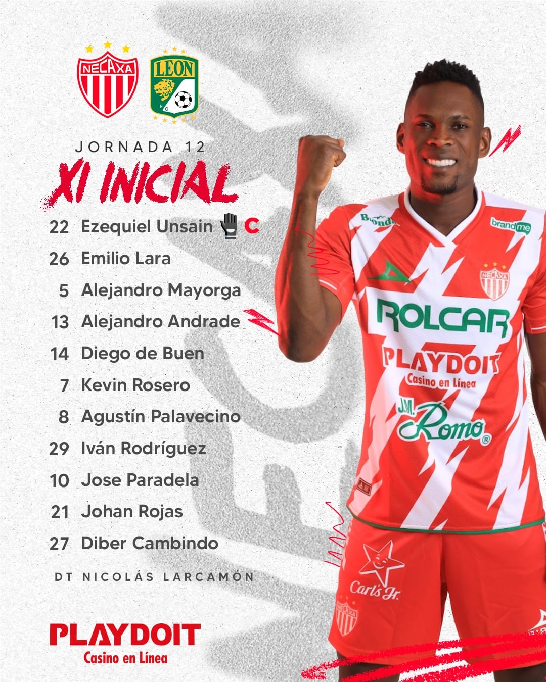 Formación de Necaxa para el partido contra León, incluyendo a los colombianos Kevin Rosero, Johan Rojas y Díber Cambindo - crédito Club Necaxa