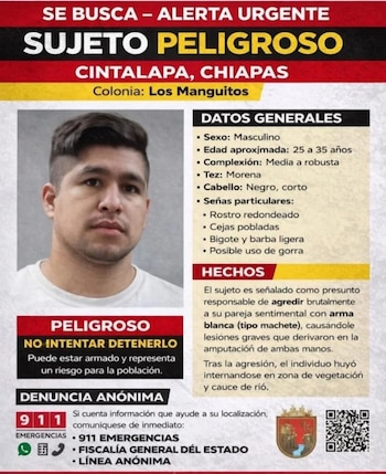 La Fiscalía General de Chiapas ofrece medio millón de pesos por datos que permitan la captura de Pablo Ruiz Córdova, señalado como responsable del ataque a Ana Luisa en Cintalapa. (FGE Chiapas)