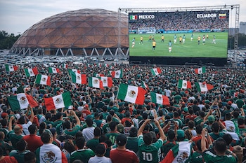 Multitud con banderas y camisetas de la selección de México viendo partido México vs Ecuador en pantalla gigante, con el Palacio de los Deportes y autos al fondo.