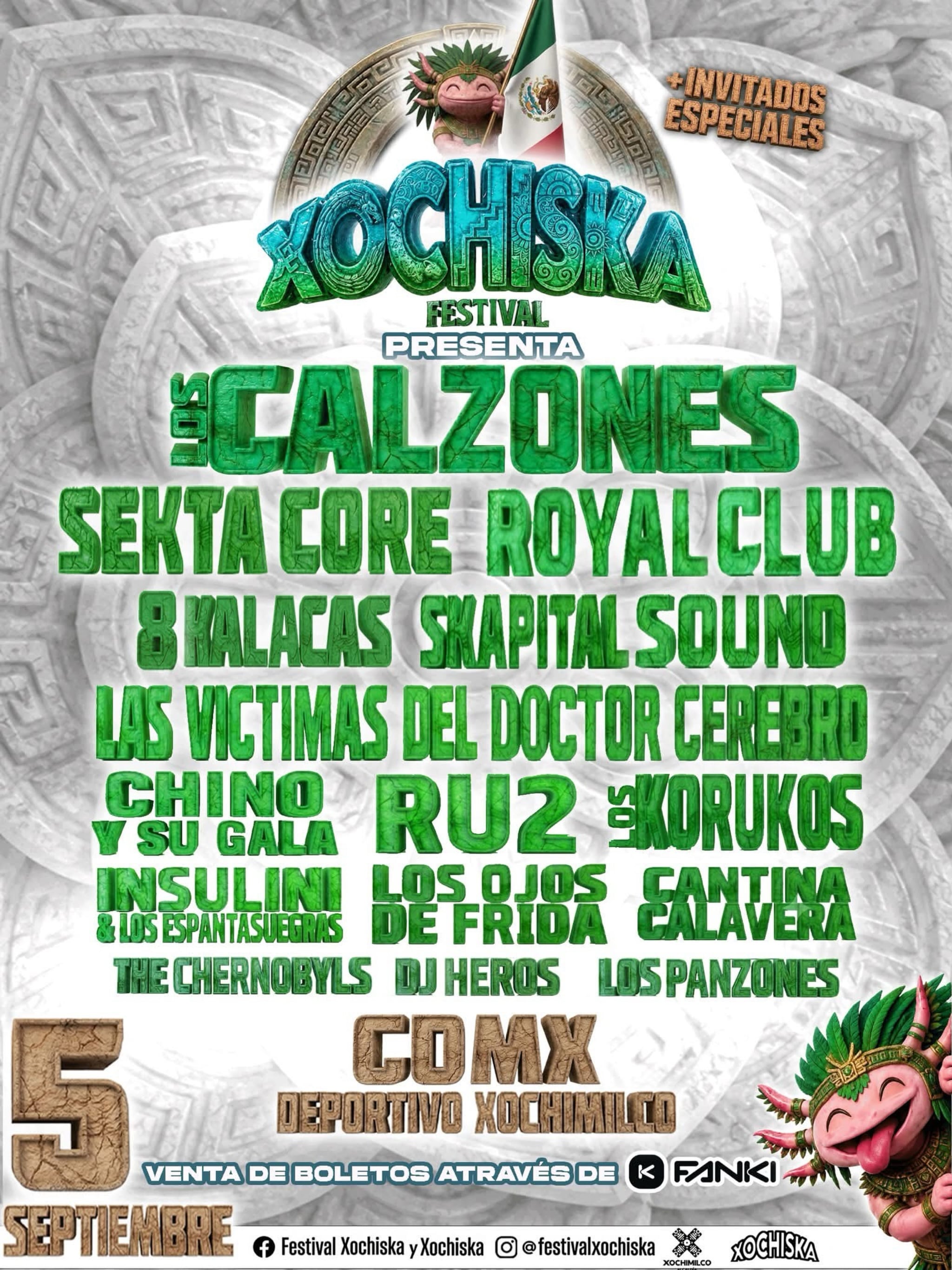 El cartel del Xochiska Festival anuncia presentaciones de Sekta Core, Los Calzones y Royal Club el 5 de septiembre en el Deportivo Xochimilco de la Ciudad de México. (Xochiska/Instagram)