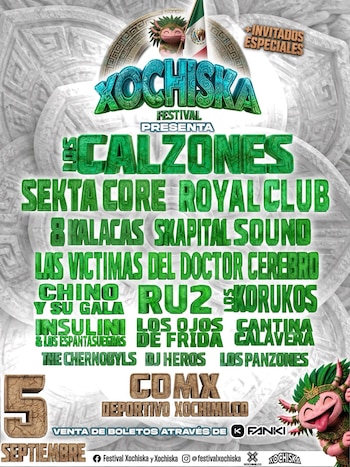 Cartel promocional verde sobre fondo de piedra labrada con nombres de bandas musicales, un ajolote ilustrado y la fecha 5 de septiembre