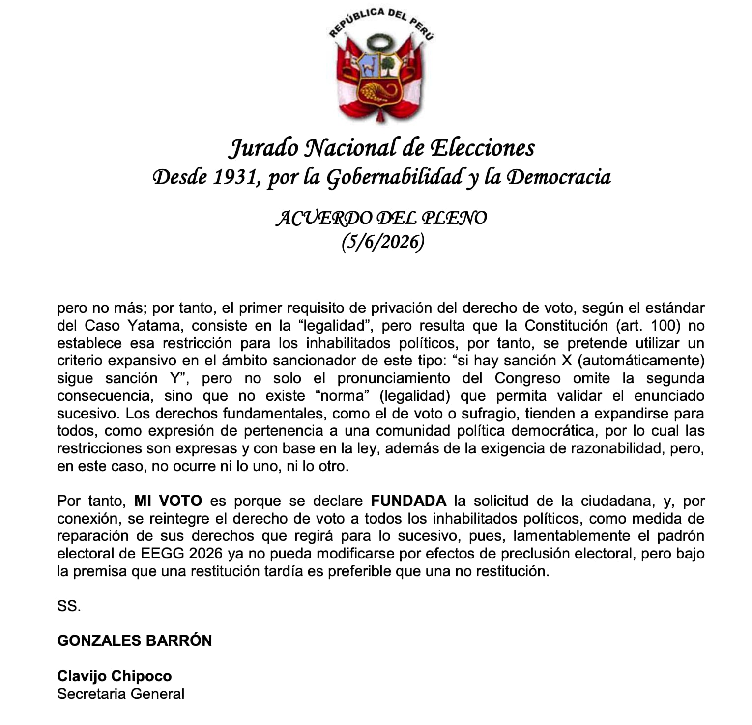 El voto de Gunther Gonzáles Barrón en el Jurado Nacional de Elecciones respalda la restitución del derecho al voto para Delia Espinoza y otros inhabilitados políticos.