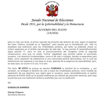 Documento oficial del Jurado Nacional de Elecciones de Perú con el escudo nacional y texto sobre un acuerdo del pleno firmado por Gonzáles Barrón