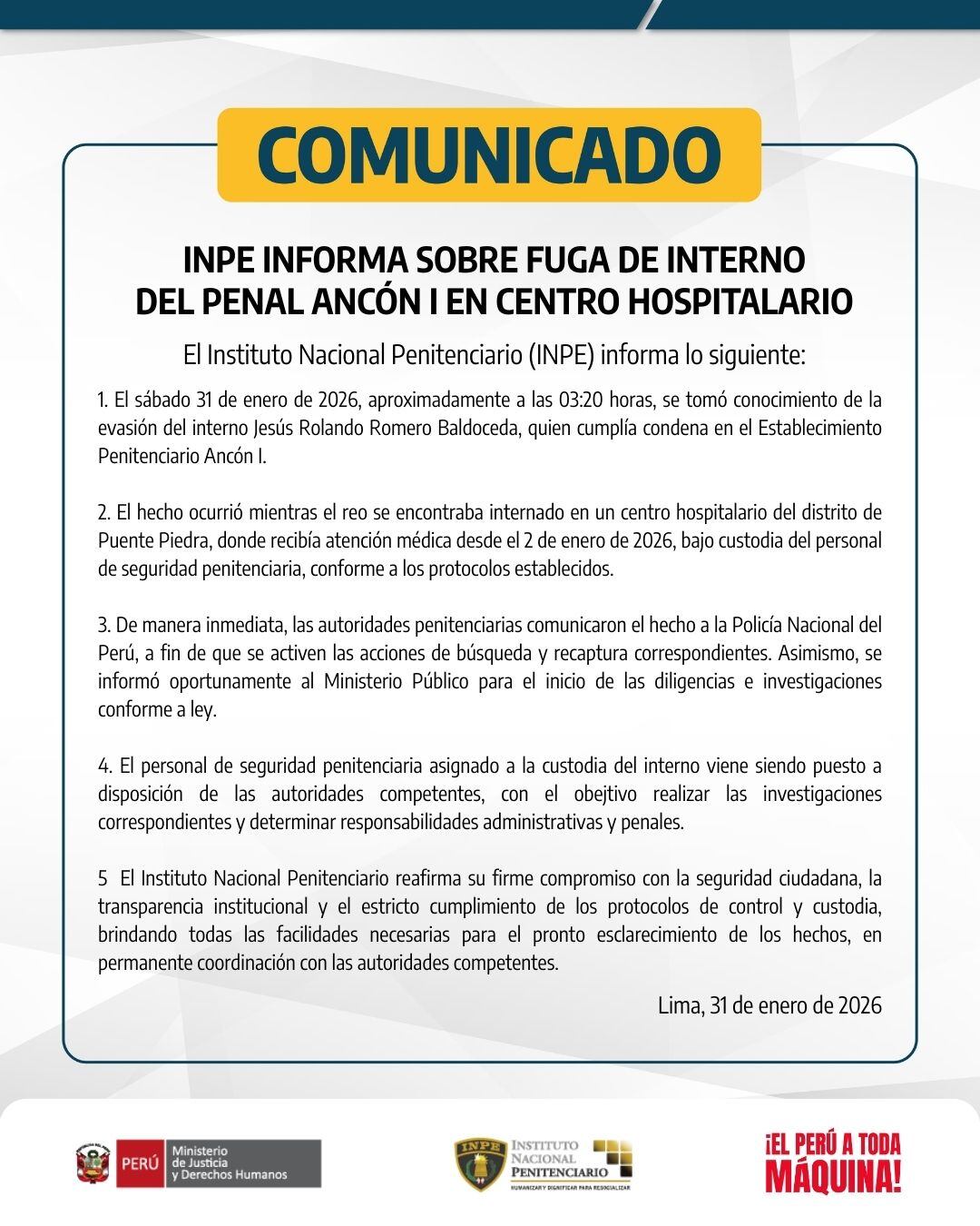 INPE reporta evasión de recluso por secuestro mientras recibía atención médica. (Foto: INPE)
