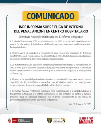 INPE reporta evasión de recluso