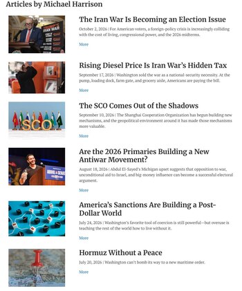 Captura de pantalla de un sitio web con seis titulares de artículos firmados por Michael Harrison, junto a sus fechas e imágenes de miniatura
