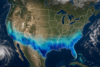 Vista de satélite de Estados Unidos con divisiones estatales y una franja azul sombreada que cubre los estados del sur.
