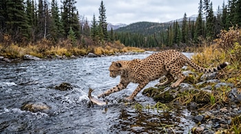 Un felino manchado en la orilla rocosa de un río extiende su pata hacia un pez en el agua frente a un bosque de pinos.