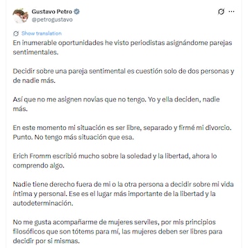 Petro confirmó que se encuentra soltero y que, efectivamente, está divorciado de Verónica Alcocer - crédito @petrogustavo/X