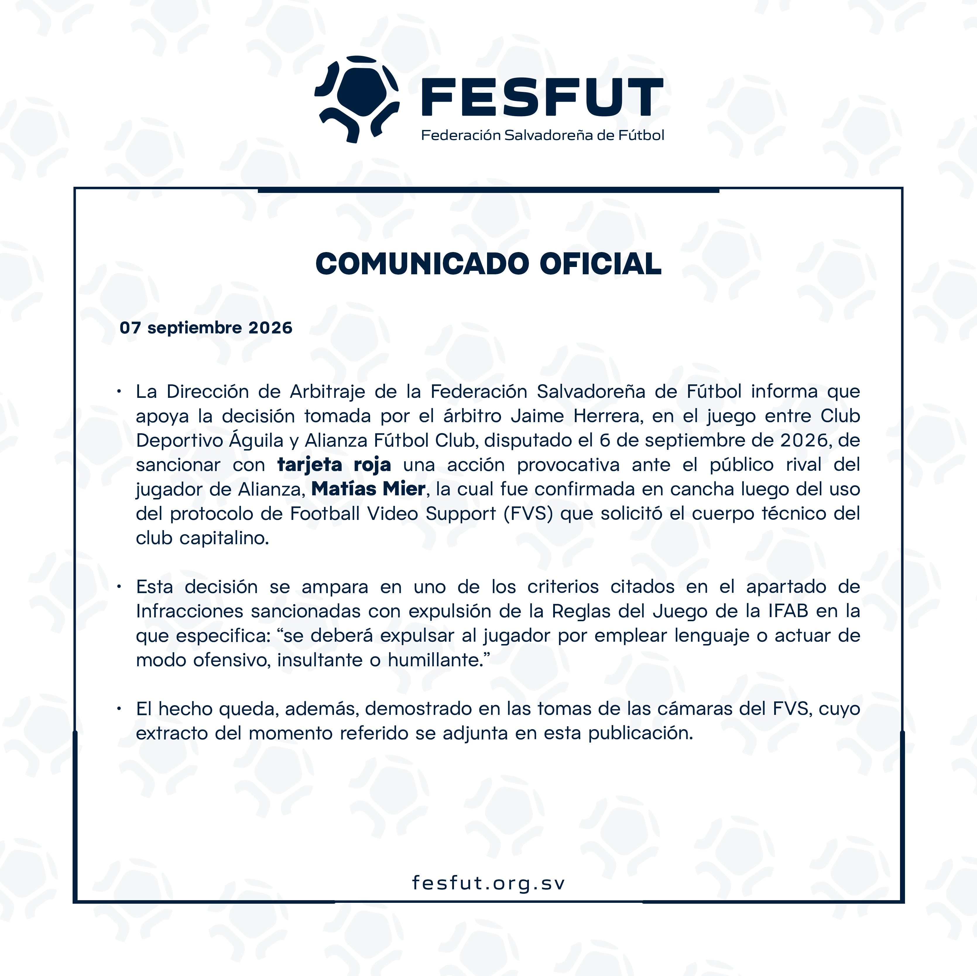 La Federación Salvadoreña de Fútbol defendió la decisión del juez que expulsó a Matías Mier - crédito Federación Salvadoreña de Fútbol