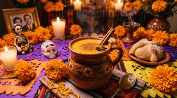 Jarro de barro con atole, canela y anís sobre un altar decorado con flores de cempasúchil, pan de muerto, calaveras y velas encendidas.