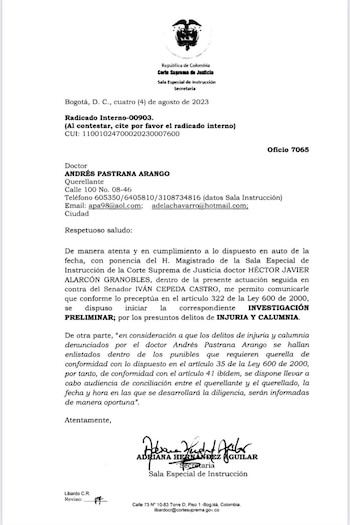 Admisión de la querella de