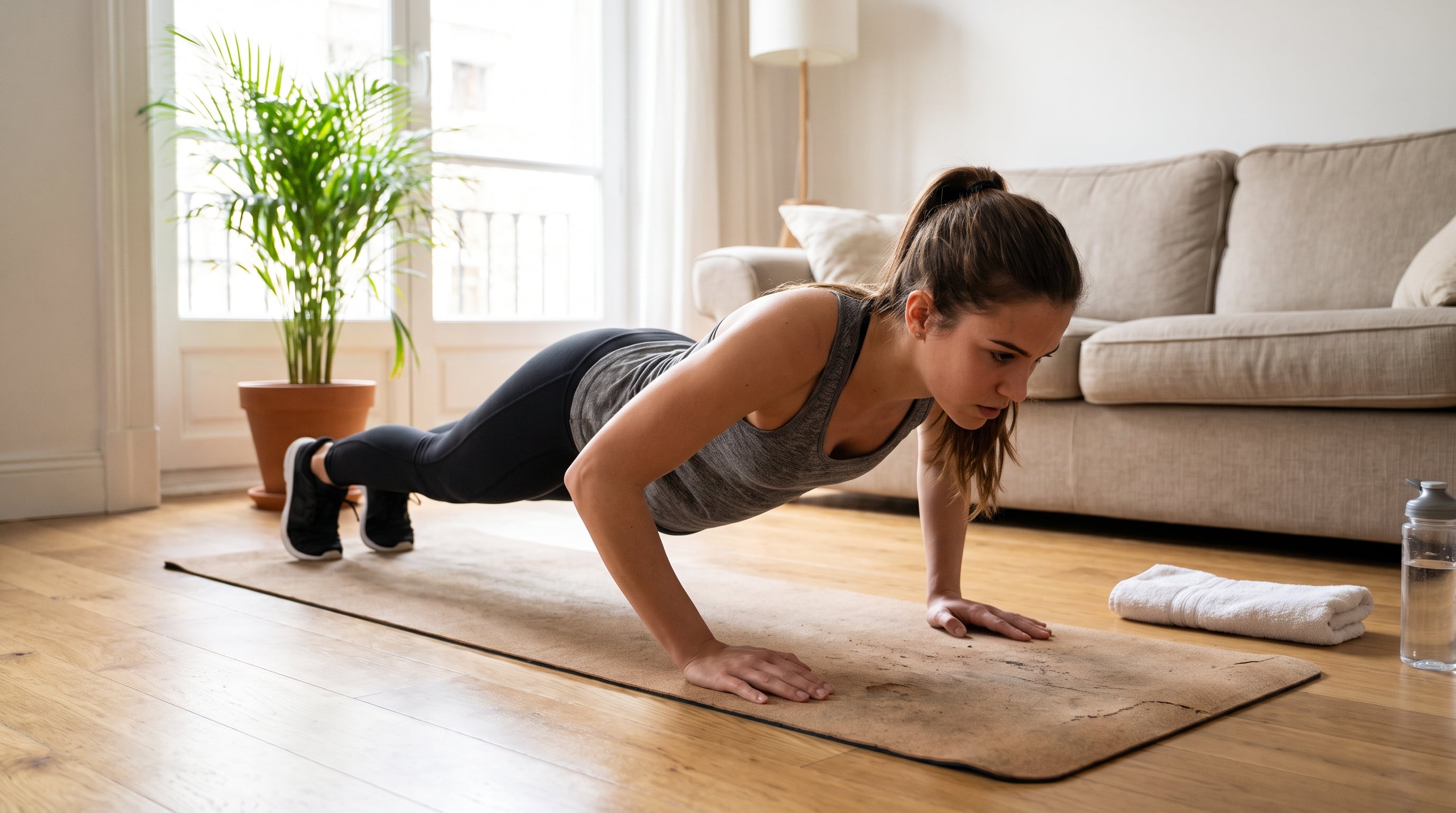 Las flexiones de brazos entrenan pecho, hombros y abdomen, y permiten una progresión gradual desde apoyos elevados hasta el suelo (Imagen Ilustrativa Infobae)
