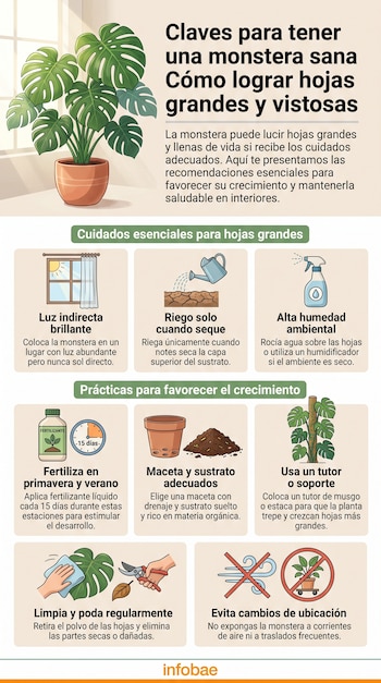 Infografía con consejos sobre el cuidado de una planta monstera de hojas verdes, maceta marrón y ventana. Ilustraciones de fertilizante, regadera, rociador y tutor.