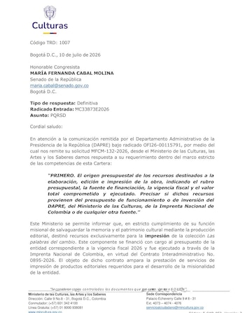 La impresión de los discursos de Gustavo Petro se realizó a través de la Imprenta Nacional de Colombia mediante el Contrato Interadministrativo No. 0895-2026 - crédito Ministerio de las Culturas