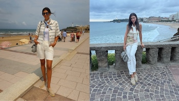 Composición de dos fotografías de Alondra García Miró vestida de blanco en un paseo costero y junto a un muro de piedra en Biarritz
