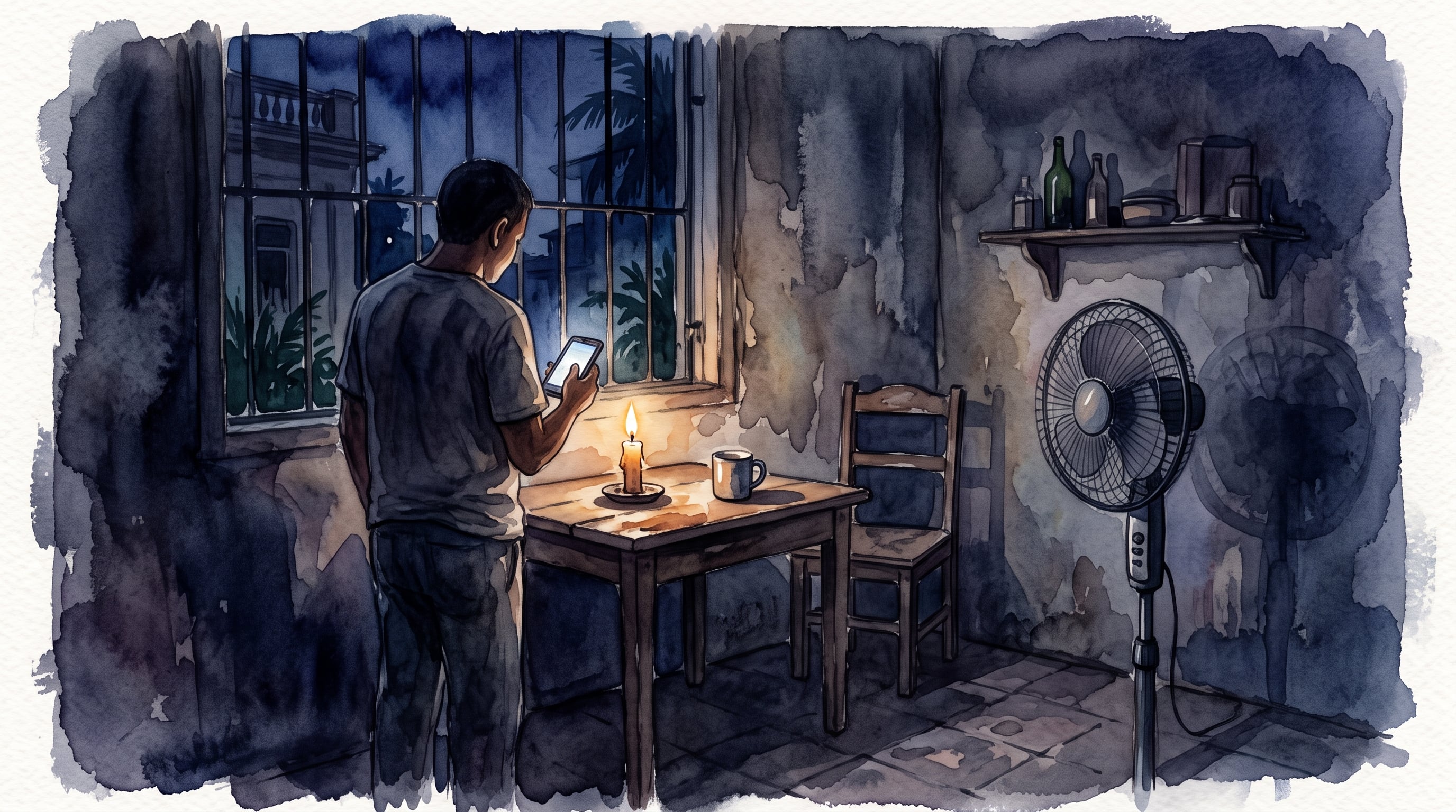 Una persona permanece de pie junto a una mesa con una vela encendida y un teléfono móvil durante un corte de energía en una vivienda de Cuba. (Imagen Ilustrativa Infobae)
