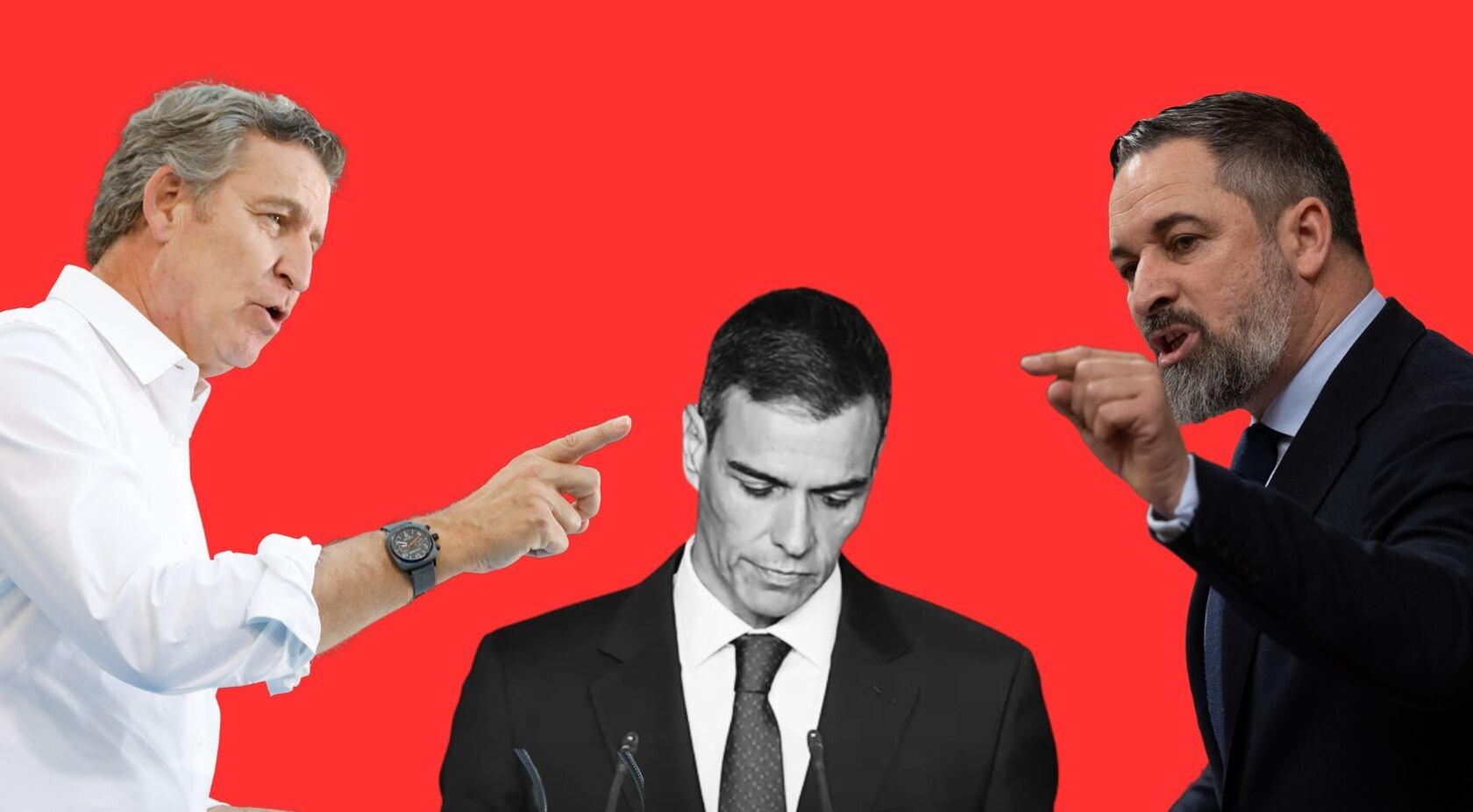 Alberto Núñez Feijóo (izquierda), Pedro Sánchez (centro) y Santiago Abascal (derecha) (Montajes Infobae)
