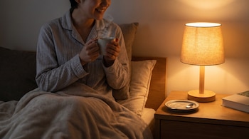 Persona en pijama sentada en la cama, sosteniendo una taza humeante. A su lado, una mesita de noche con un plato, una cuchara y una lámpara encendida.