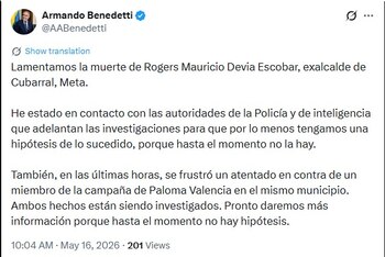 Las autoridades continúan indagando el contexto del ataque mortal contra dirigentes políticos en Meta, y hasta el momento no se han establecido posibles causas, según declaraciones del jefe de la cartera - crédito captura de pantlla @AABenedetti / X