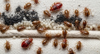Una vista macro de chinches de cama adultas y ninfas, dos de ellas engordadas, huevos blancos translúcidos y suciedad oscura sobre una superficie de tejido blanco.