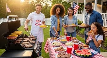 Una familia diversa sonríe en un patio trasero soleado, con un hombre asando hamburguesas y maíz, y el resto disfrutando de la comida en una mesa a cuadros.