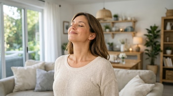 Una mujer de cabello castaño con suéter beige claro, ojos cerrados y sonrisa serena, está en el centro de una sala de estar iluminada con un ventanal al fondo.