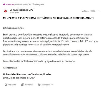 Estudiantes UPC denuncian fallas en matrícula virtual: "Nos derivan a la inteligencia artificial"