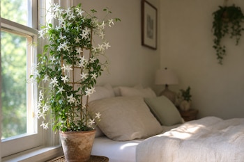 Una maceta de barro con jazmín de flores blancas sobre un enrejado junto a una ventana brillante y una cama hecha.