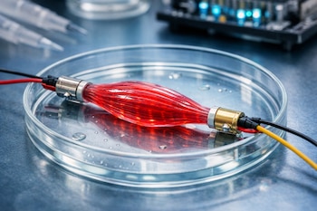 Músculo artificial rojo y alargado, con cables eléctricos en sus extremos, dentro de una placa de Petri de cristal, sobre una superficie metálica en un laboratorio.
