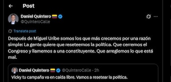 Daniel Quintero celebró los resultados de la encuesta en su cuenta de X - crédito @QuinteroCalle