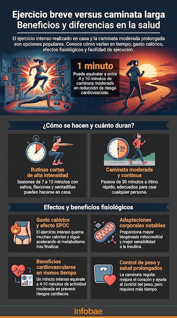 Infografía que muestra el título, subtítulos, ilustraciones de una mujer ejercitándose en casa y otra caminando, relojes, gráficos y texto informativo.
