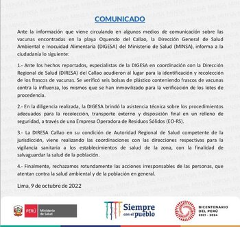 Comunicado del Minsa ante hallazgo de más de 2 mil vacunas contra la influenza en playa Oquendo.