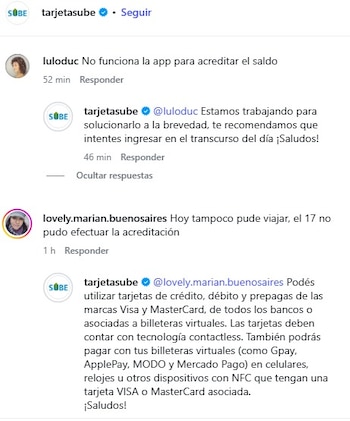 Captura de pantalla con comentarios de usuarios y respuestas de la cuenta oficial de la Tarjeta SUBE en una red social