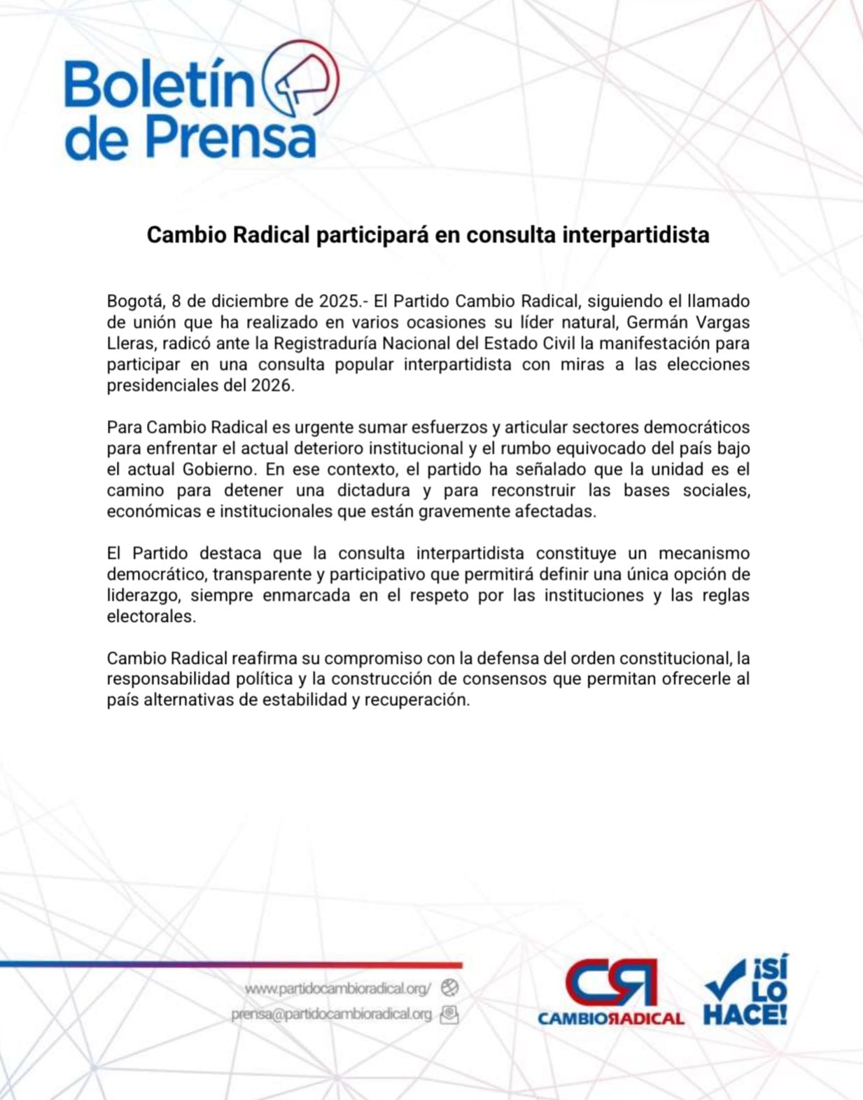 El partido insiste en construir una convergencia amplia ante la crisis institucional. - crédito Cambio Radical
